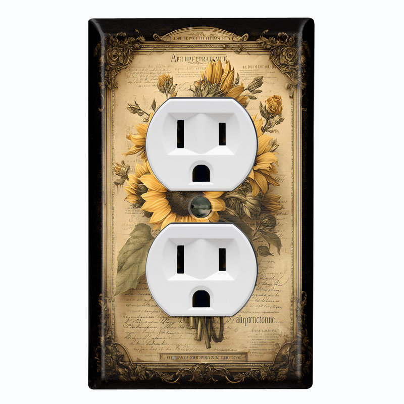 Couvercle de plaque d'interrupteur en métal; Bascule gothique de taille standard US à 2 bandes - bouquet de tournesols rétro