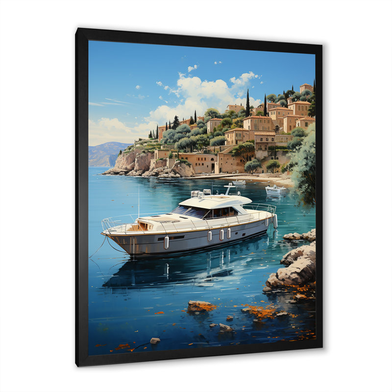 Yacht sur la côte d'azur sur toile, Cadre simple noir, H 32 po x l 16 po x P 1 po