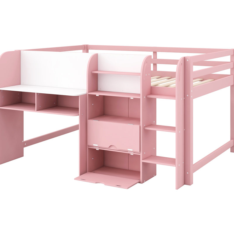 Lit mezzanine bas rose pleine grandeur avec bureau intégré, trois compartiments de rangement, tablettes ouvertes, caractéristiques et armoires à conception compacte