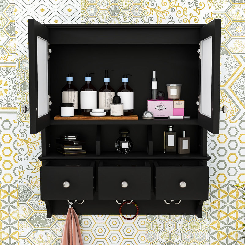Armoire à pharmacie 4 en 1 avec tiroirs, crochets et miroirs haute définition, Noir
