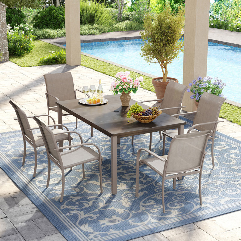 6-Person Rectangular Patio Dining Set With Stackable Textilene Chairs, Brush Wood Gray/Sandshell