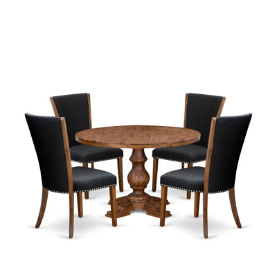 L'ensemble de table de salle à manger 5 pièces pour 4 personnes comprend une table ronde de 48 po avec piédestal et 4 chaises parsons en tissu de lin noir, noyer antique
