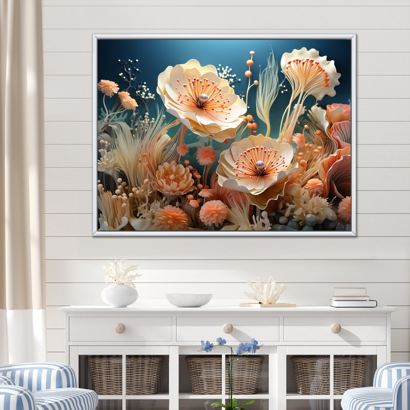 Art mural sur toile, pêche et seiche, anémone, Cadre flottant blanc, H 24 po x l 32 po x P 1 po
