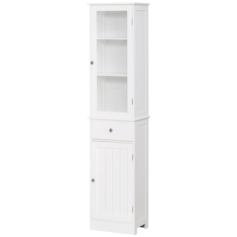 Slim Bathroom Storage Cabinet, Tall Bathroom Cabinet, Narrow Linen Tower With Acrylic Door, Drawer And Shelves, White