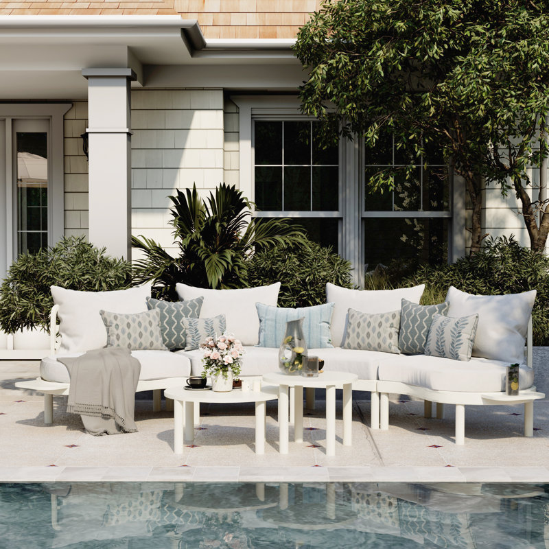 Patio Curved Conversation Set with End Table, Beige Cushion/Light Gray Frame