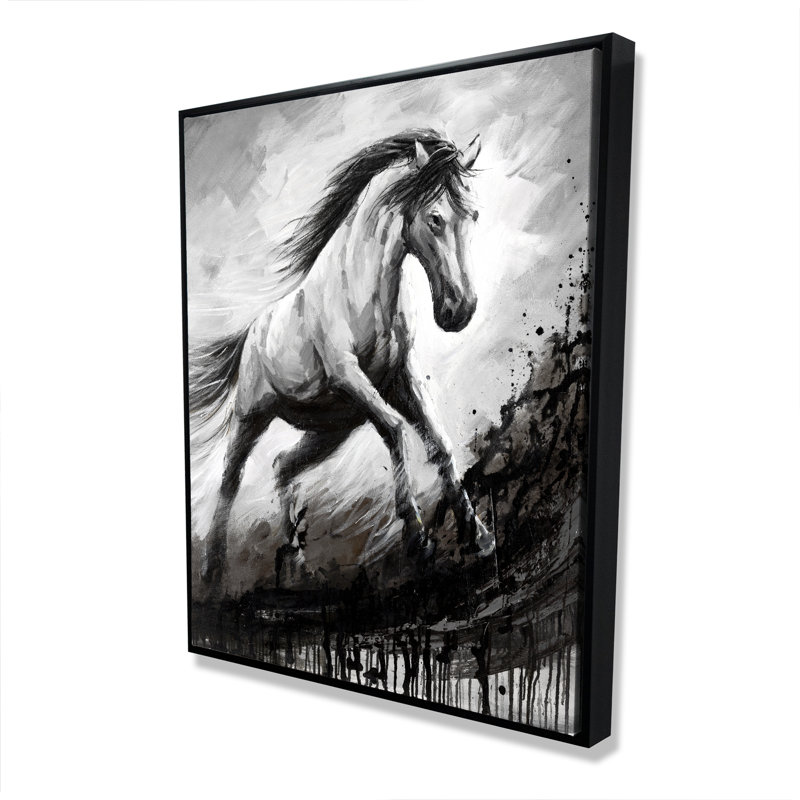 White horse in the wind - Black Rustic framed canvas decor
