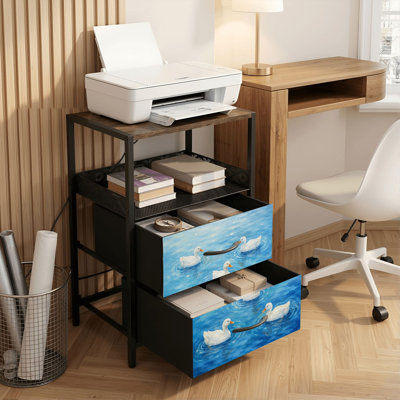 Nightstand with Charging Station, 2 Drawer Bedside Table with USB Ports and Outlets, Open Shelf, Black Night Stand for Bedroom Living Room White Ducks Swimming Calm Blue Pond Water Gentle Ripples Watercolor Print