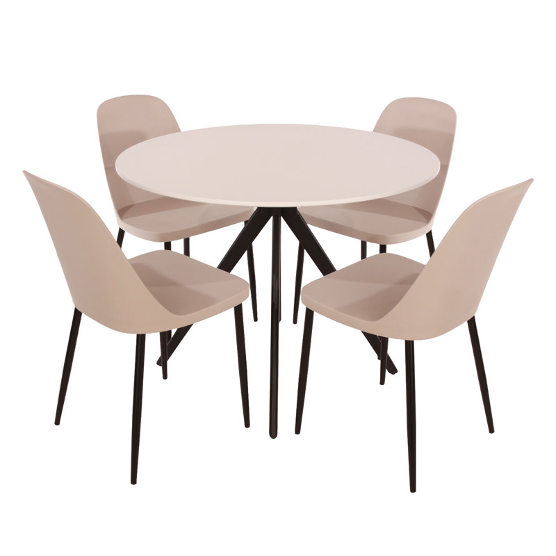 Sisquoc 5-Piece Casual Dining Set - Spacious Round Table & 4 Duo Plastic Chairs, Tan, White