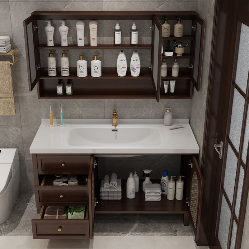 Simple retro light luxury bathroom cabinet, Walnut