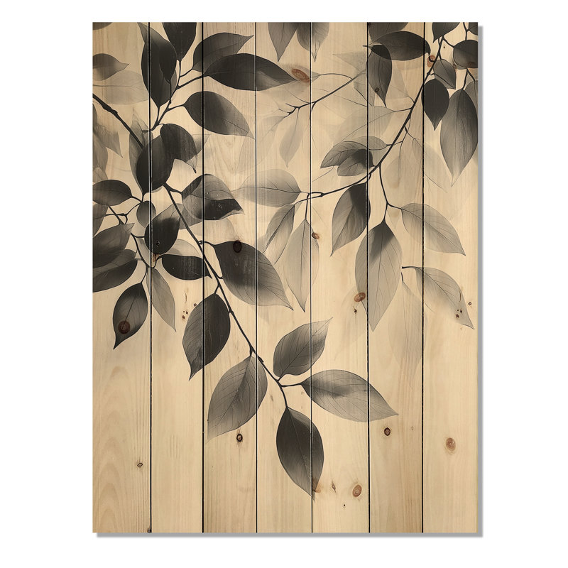 Black Beige Leaves Gentle Breeze III - Leaves Wood Wall Decor - On Natural Pine Wood, 32" H x 24" W x 0.78" D