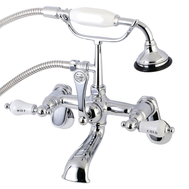 Kingston Brass Aqua Vintage Three-Handle 2-Hole Tub Wall Mount Clawfoot Tub Faucet with Hand Shower, Polished Chrome