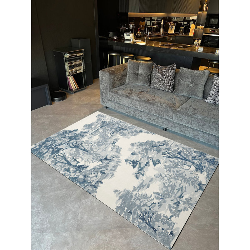 Tapis tissé bleu-blanc à motif naturel, Rectangle 4 pi 7,12 po x 6 pi 6,74 po