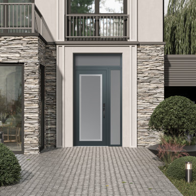 Clé gauche 50 po X 96 po Panneau d'entrée en acier argenté anthracite et verre givré anthracite