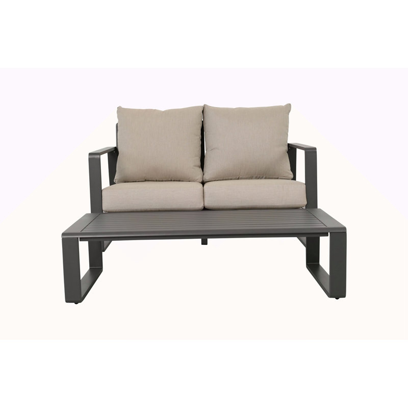 Canapé double + table basse rectangulaire, coussins gris clair, Gris, Noir