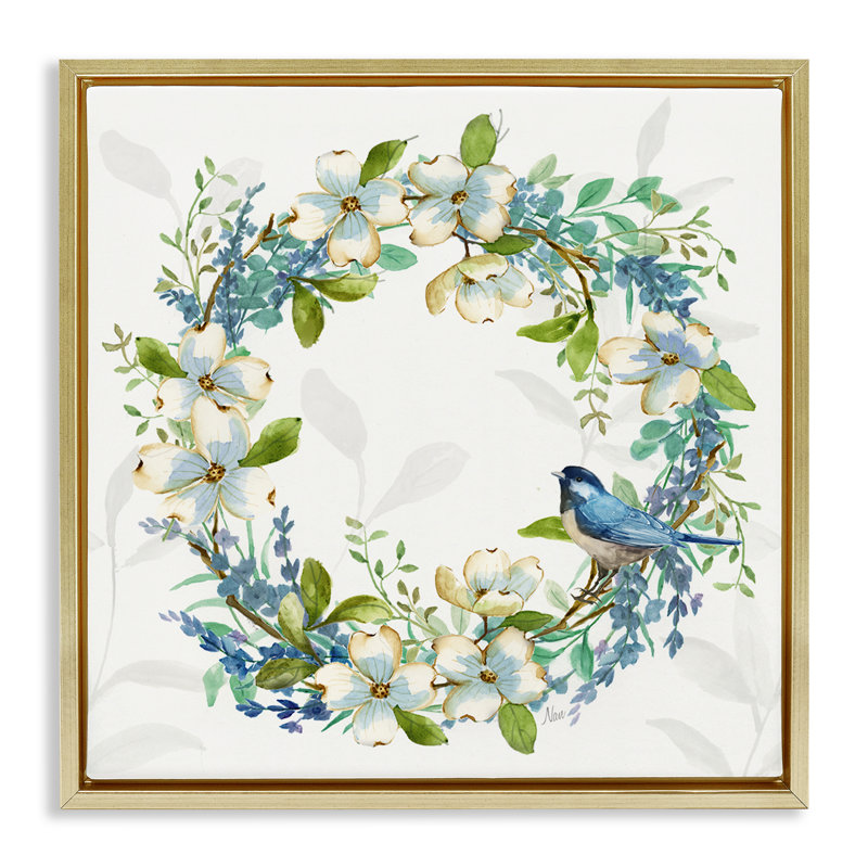 «Dogwood Wreath & Bluebirds», art mural encadré flottant par Nan, H 18 po x l 18 po, Cadre flottant métallique doré