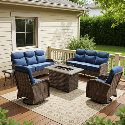 8-Person Outdoor Wicker Large Family Conversation Set With Sofas, Swivel Chairs And Fire Pit Table