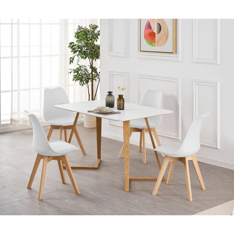 Torpoint 4 Person Dining set - a Rectangular Plastic Dining Table with Wooden Legs and a Set of 4 Faux Leather Cushion Padded Dining Chairs for Dining Room - Modern Dining Table Set