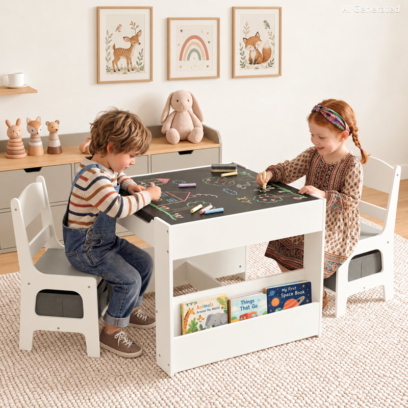 Kids Wood Table & 2 Chairs Set, 4 in 1 Children Activity Table w/Double Bookcase, Blackboard, Toddler Furniture Set
