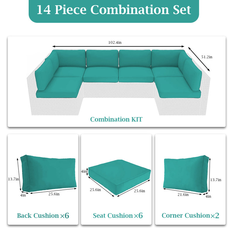 14 Pcs Replaceable Outdoor Cushions Set (set Of 6 Cushions, 6 Backrests, 2 Corner Cushions)-cushion Set Only, Lake Blue