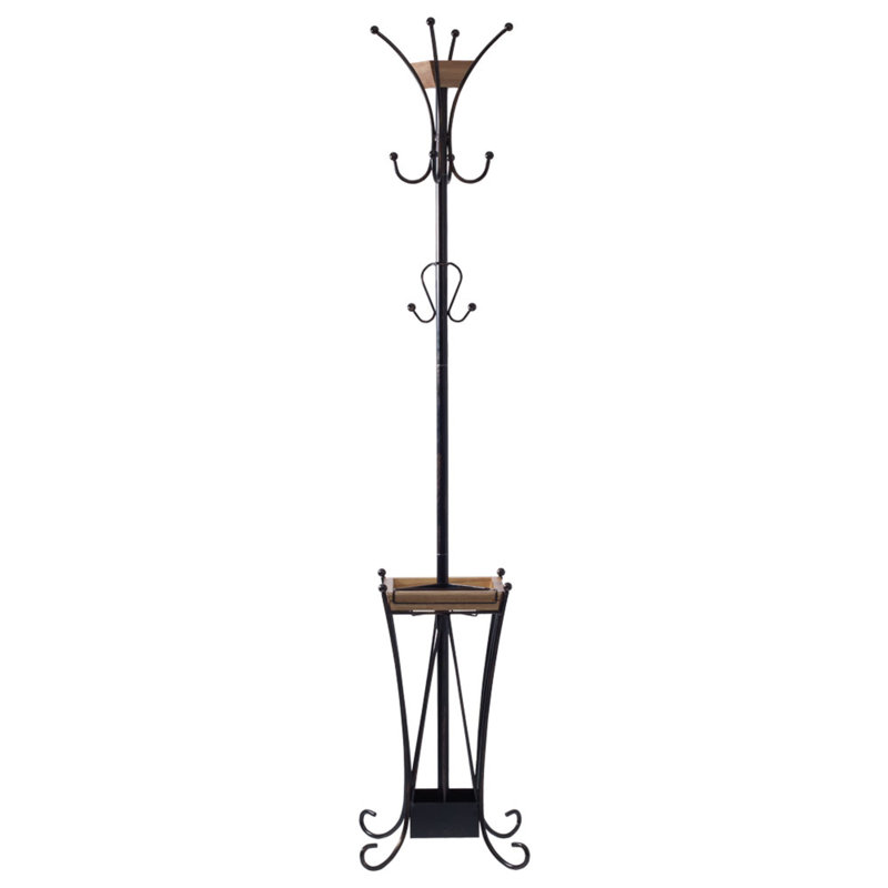 Antique Black and Acacia Wood Coat Rack with Umbrella Stand