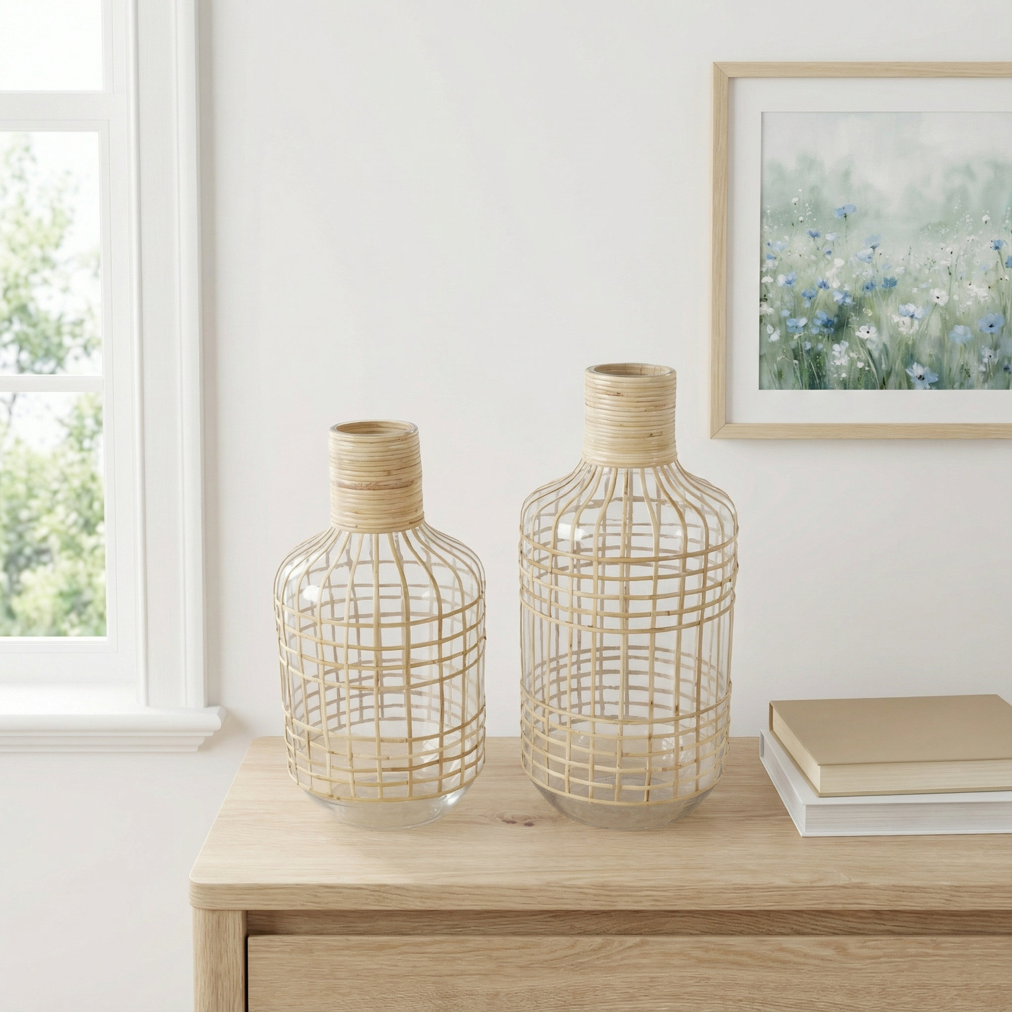Allieanna Glass Handmade Rattan Wrapped Decorative Clear Vase Set