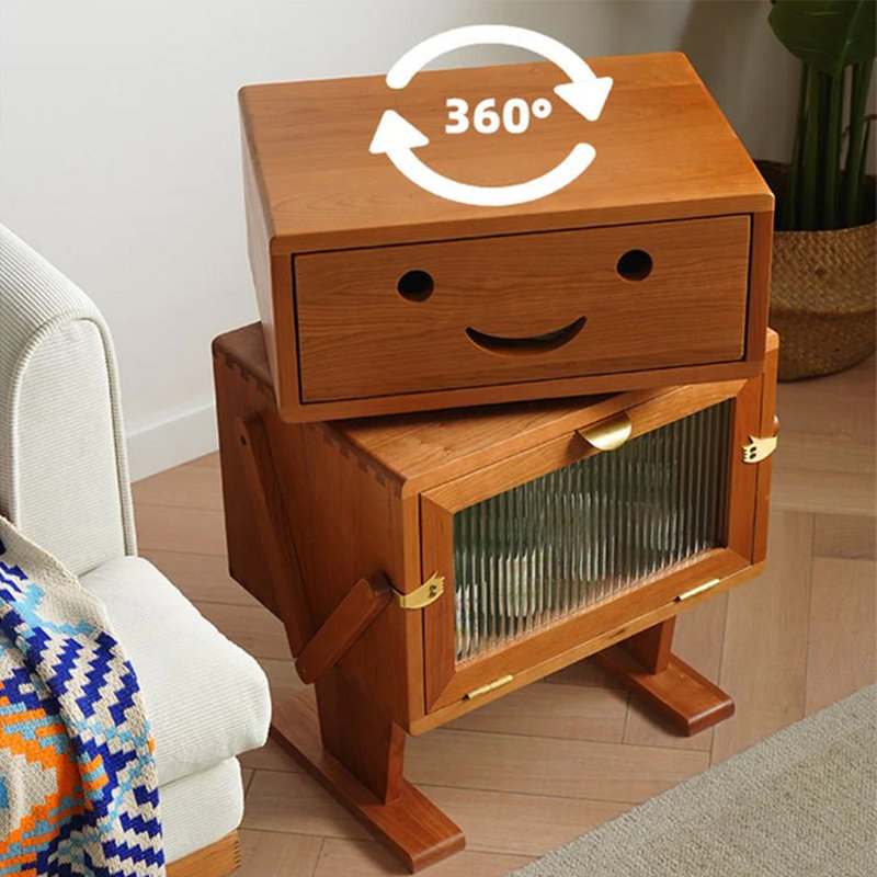 Soild Wood Robot End Table Side Table With 360° Rotation, Brown Wood
