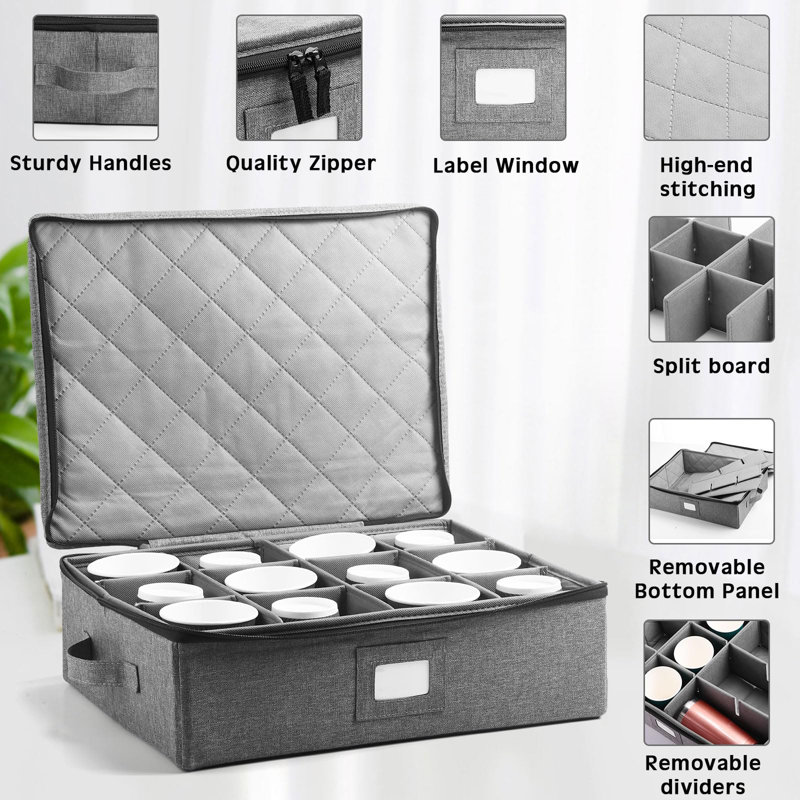 4 Pcs Cup And Mug Storage Box Stemware Storage Cases Containers Holds 12 Coffee Mug And Tea Cup,Grey