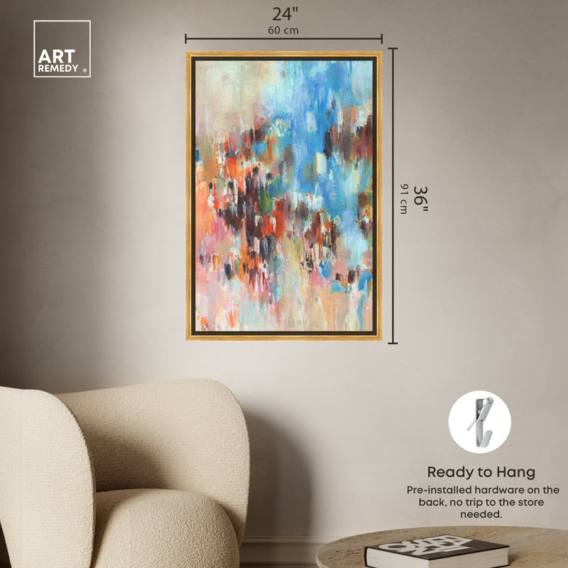 Large Gold Framed Blue and Multicolor Abstract Canvas Art