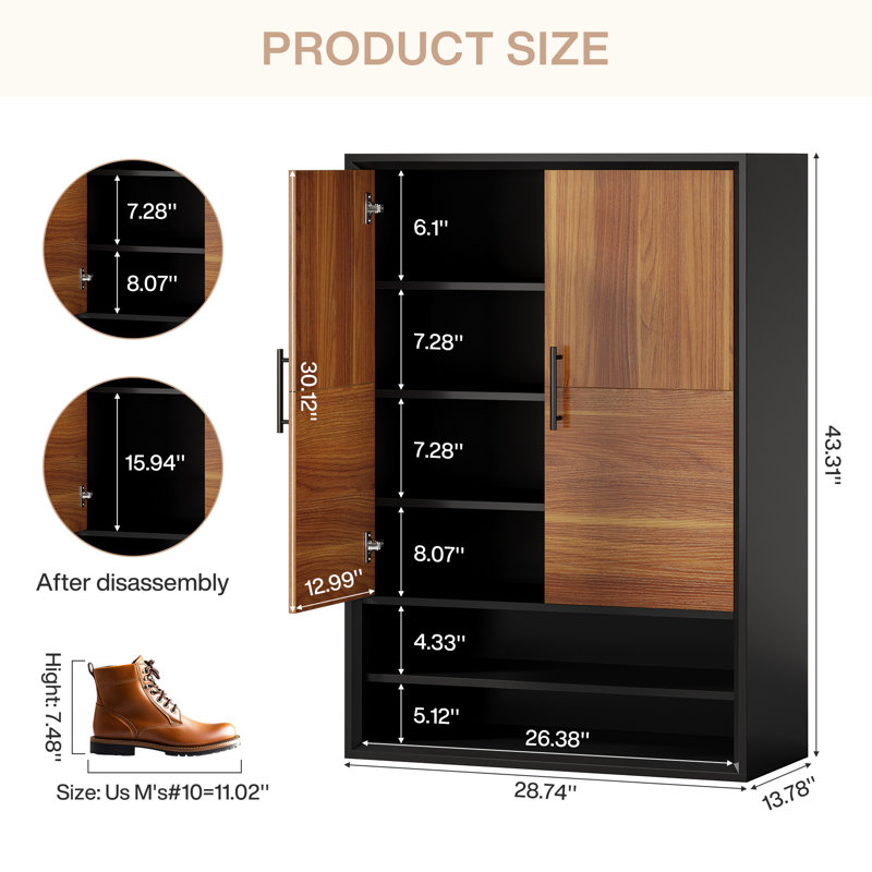 7-Shelf Rustic Tall Shoe Cabinet with Doors & Open Storage