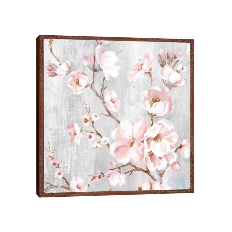 Spring Cherry Blossoms III by Eva Watts - Painting on Canvas, Classic Brown Wood Framed, 45.72 cm H x 45.72 cm W