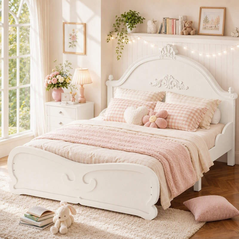Lit plateforme en bois massif, lit à profil bas, Beige, Lit double