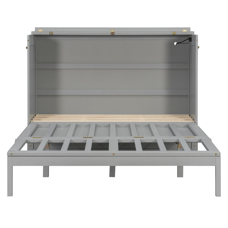 Multifunctional Murphy Bed With Storage Drawer & Charging Ports, Elegant Cabinet Bed For Guest Room Home Office, Gray