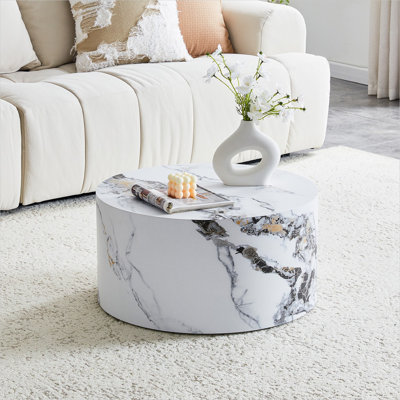 Table basse ronde pour le salon, panneau de fibres à densité moyenne à texture de marbre blanc classique, diamètre de 23,6 pouces, style minimaliste moderne, sans assemblage