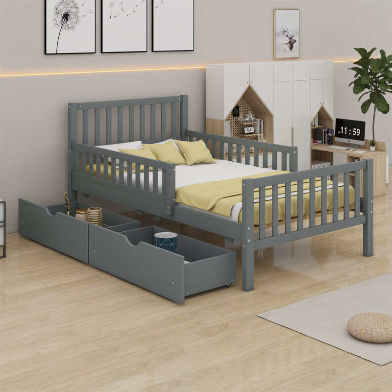 Platform Bed With Guardrails On Both Sides And Two Storage Drawers, Twin, Grey