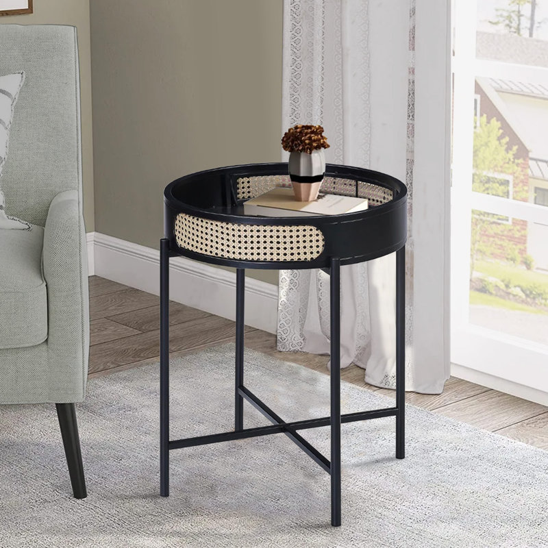Table de bout ronde Bert, tablier en rotin, pieds en métal