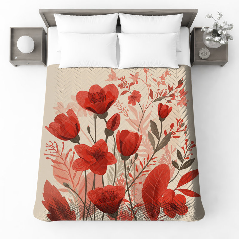 Couvre-lit matelassé rouge à motif floral toutes tailles, Double