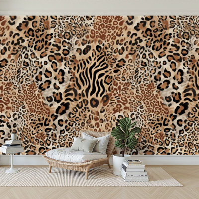 Papier peint adhésif peler et coller zèbre léopard, mélange de peau de fourrure, papier auto-adhésif amovible de contact mural pour salon, chambre à coucher H 100 po x l 144 po