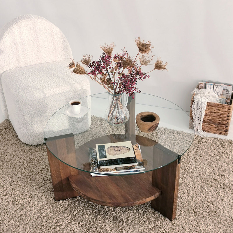 Table basse moderne avec plateau 100% verre trempé, couleur noyer, 29,5 po x 15,7 po x 29,5 po | Structure robuste en bois de pin massif à 100% | Conception élégante et durable pour le salon, décoration intérieure contemporaine, assemblage facile, ajout élégant à tout espace