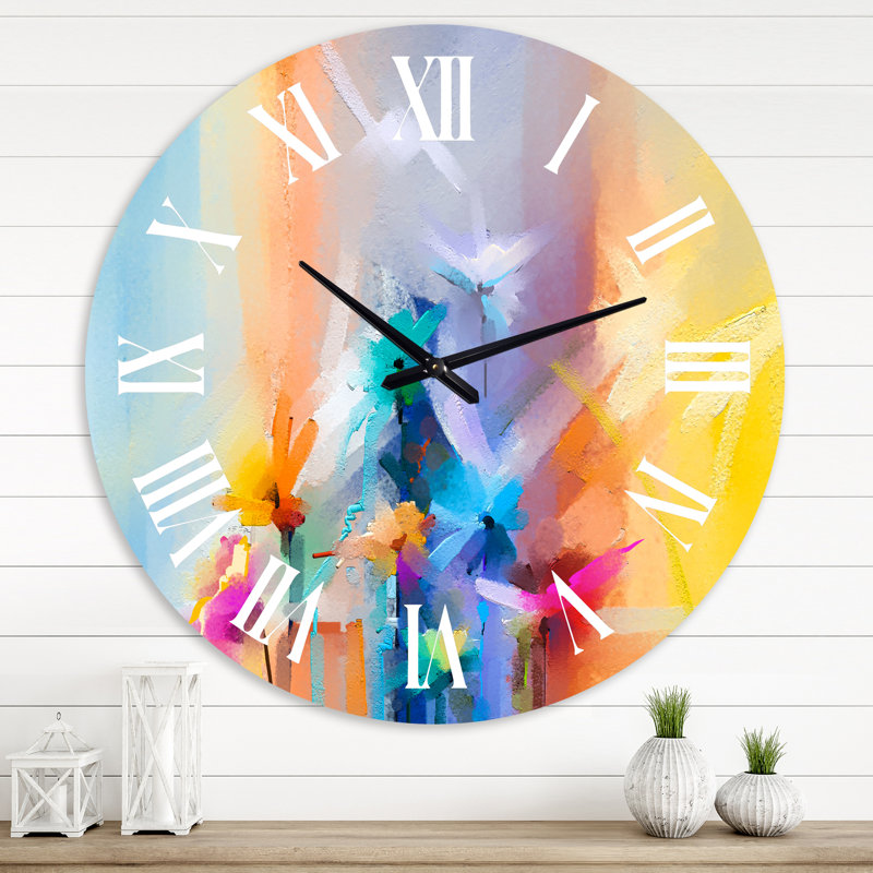 Horloge murale moderne - fleurs peintes en rouge et bleu pastel II, Surdimensionné