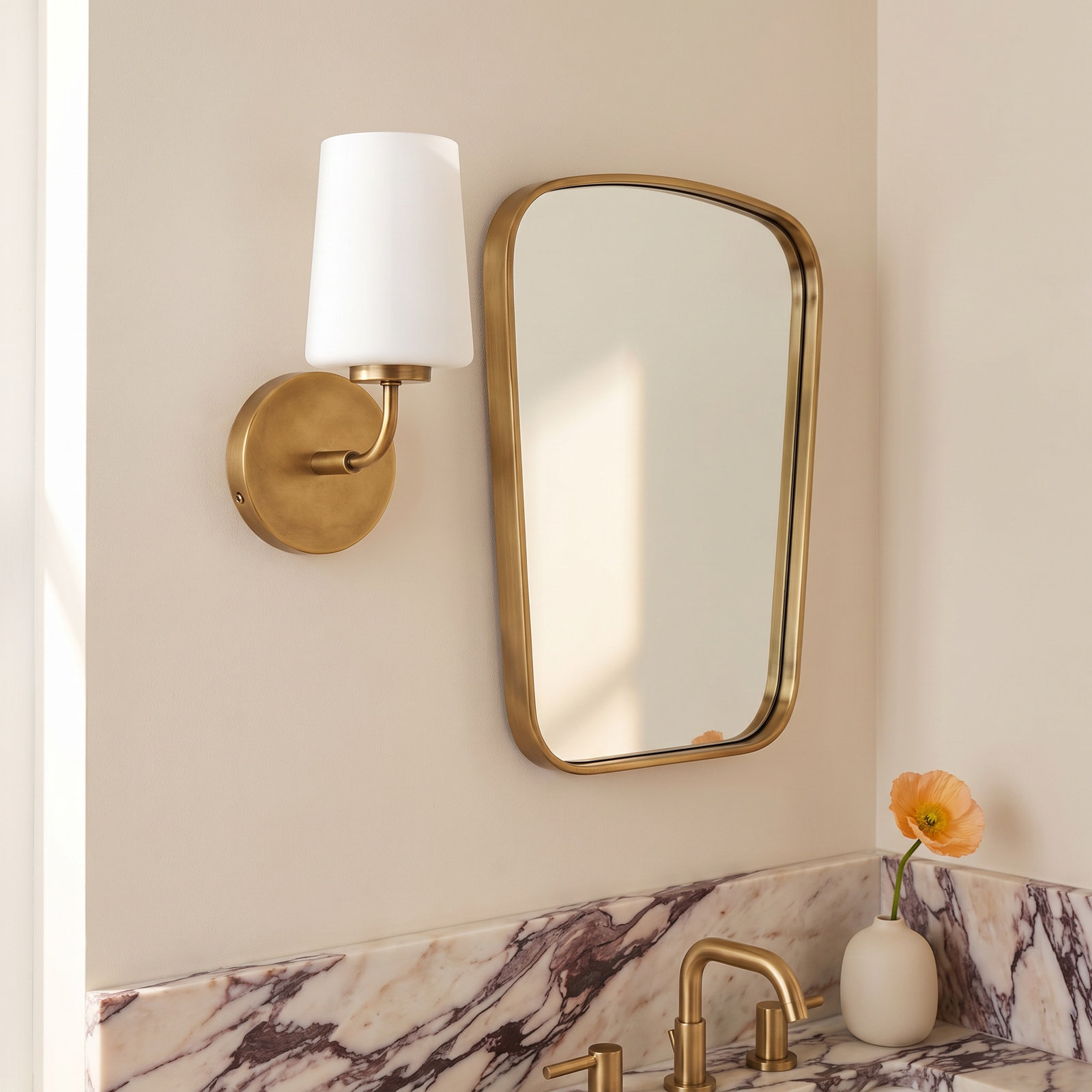Fitz Single Frosted Dimmable Bath Sconce, Lacquered Brass