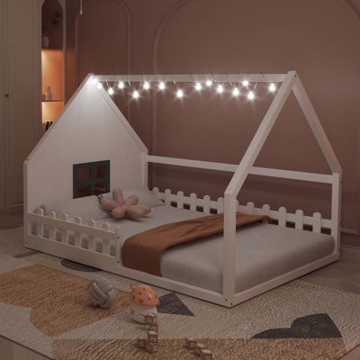 Wood House Bed with Window and Fence
