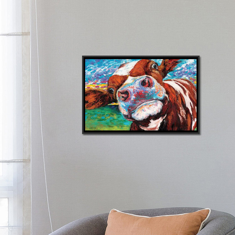«Curious Cow I» par Carolee Vitaletti - impression d'art graphique, H 18 po x l 26 po x P 1,5 po, Toile avec cadre noir