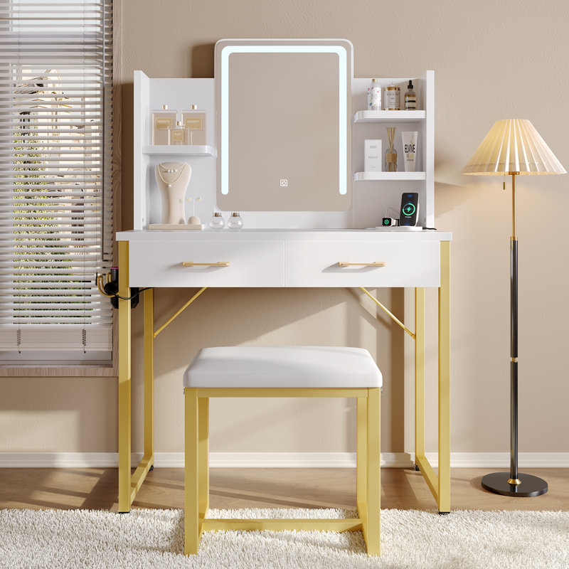 Paradis 31.5" Makeup Vanity with USB Power Outlet & 2 Drawers, White