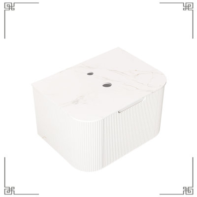 Armoire murale de 14,37 po de hauteur pour salle de bain, surface en pierre frittée blanche, tiroir avec poignée rainurée et panneau imperméable, sans comptoir de robinet, rayure de style français 3D, drain