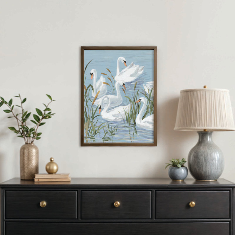 «Swans and Cattails», reproduction encadrée, Brun