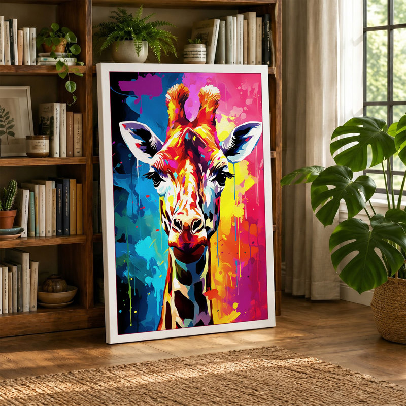 Bold Giraffe Portrait Modern 1 Piece Wrapped Canvas Wall Art, 24x16 - 61.0 x 40.6 cm, Cream Border