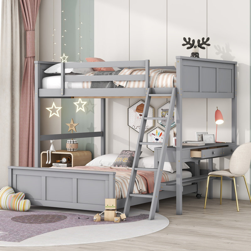 Lit superposé avec bureau, Gris, Double sur double
