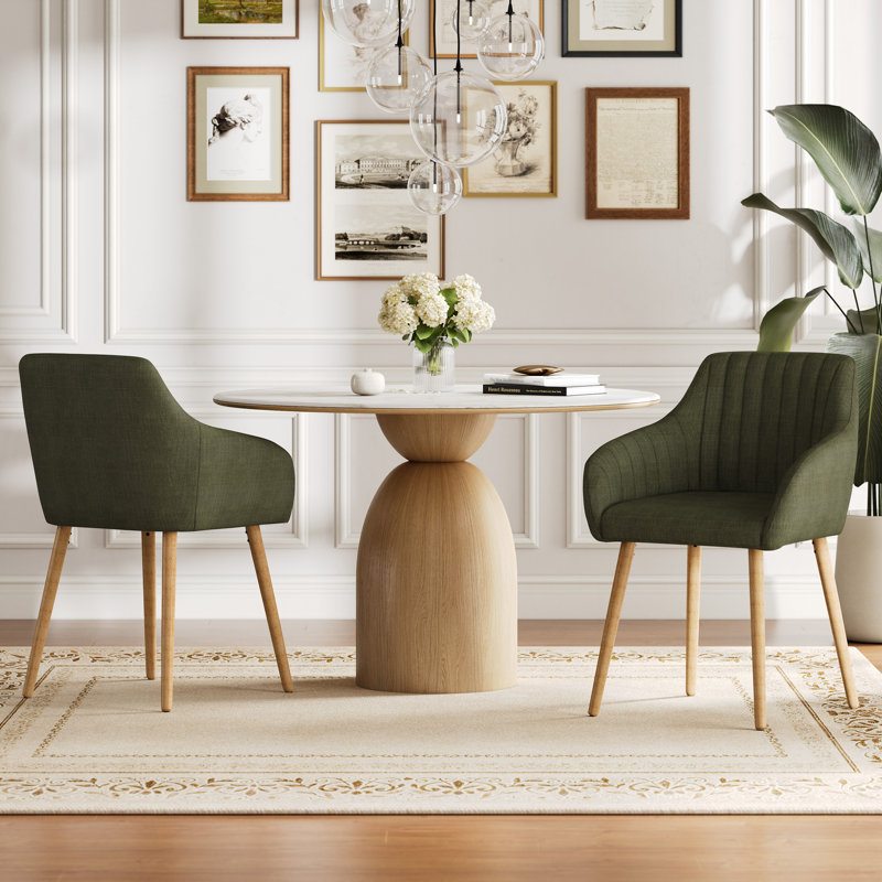 49.5cm H Upholstered Dining Chairs With Wooden Legs, 2, Green Linen/Natural