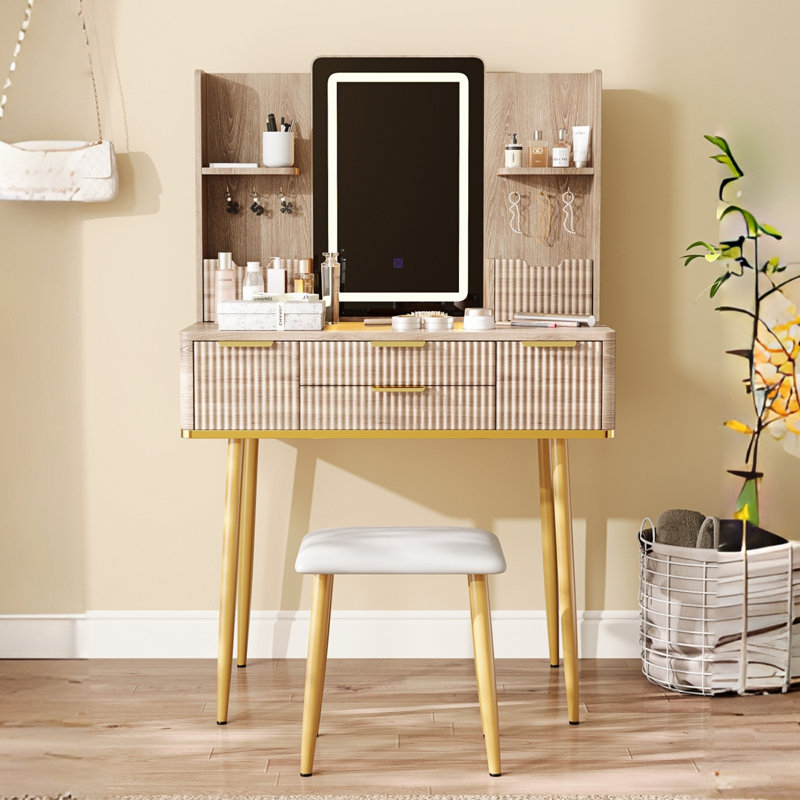 4-Drawer Vanity Desk With Led Mirror & Carved Details, Fluted Makeup Table With Metal Legs And Pu Stool, Carved Dressing Table With Jewelry Storage For Bedroom