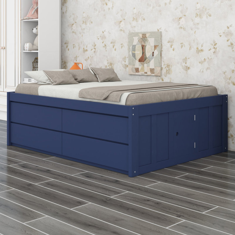 Lit plateforme avec tiroirs de rangement et sommier à lattes pour des chambres bien organisées, Full / Double, Navy Blue